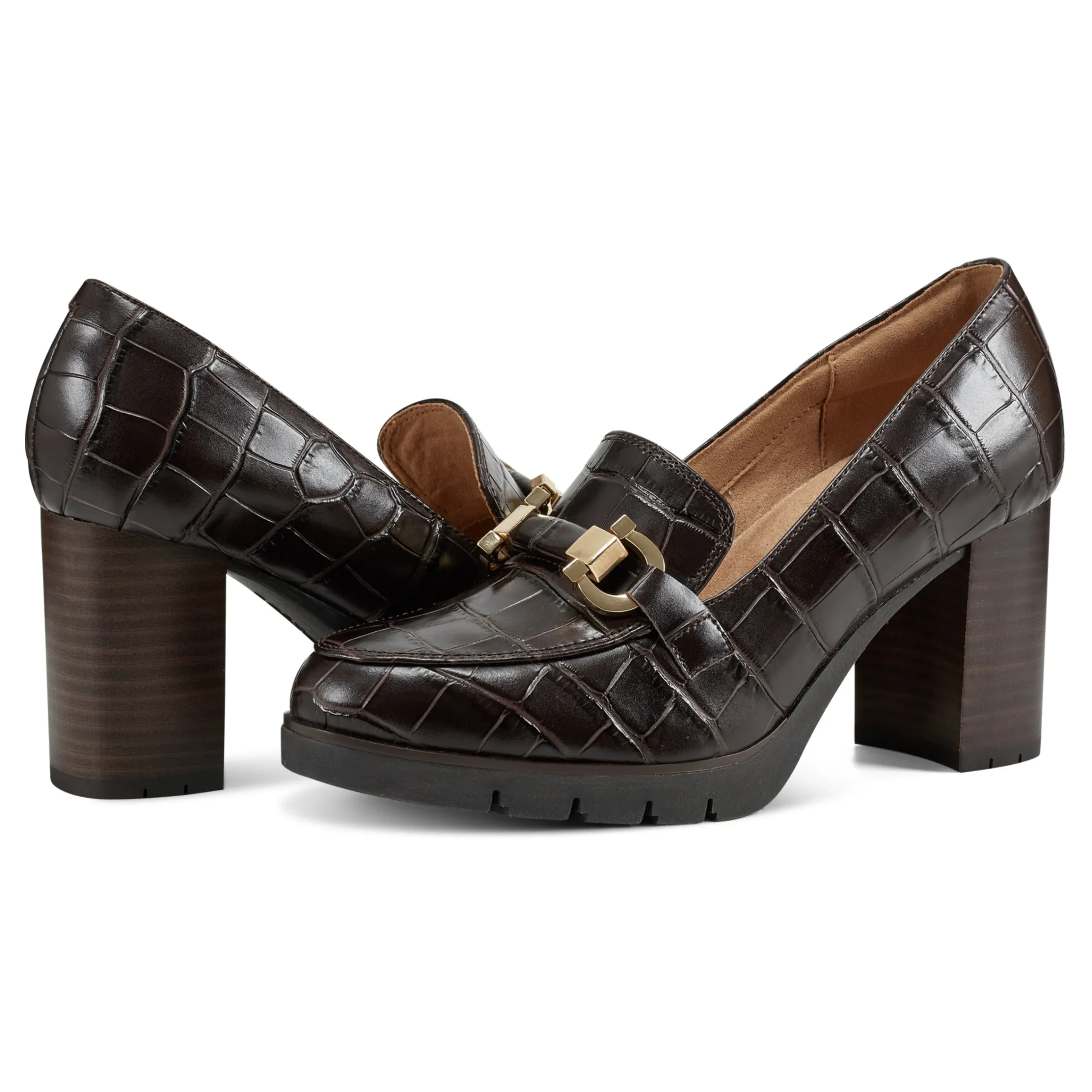 Sale Easy Spirit Mirror Lug Sole Dress Pumps BrownCrocoLeather